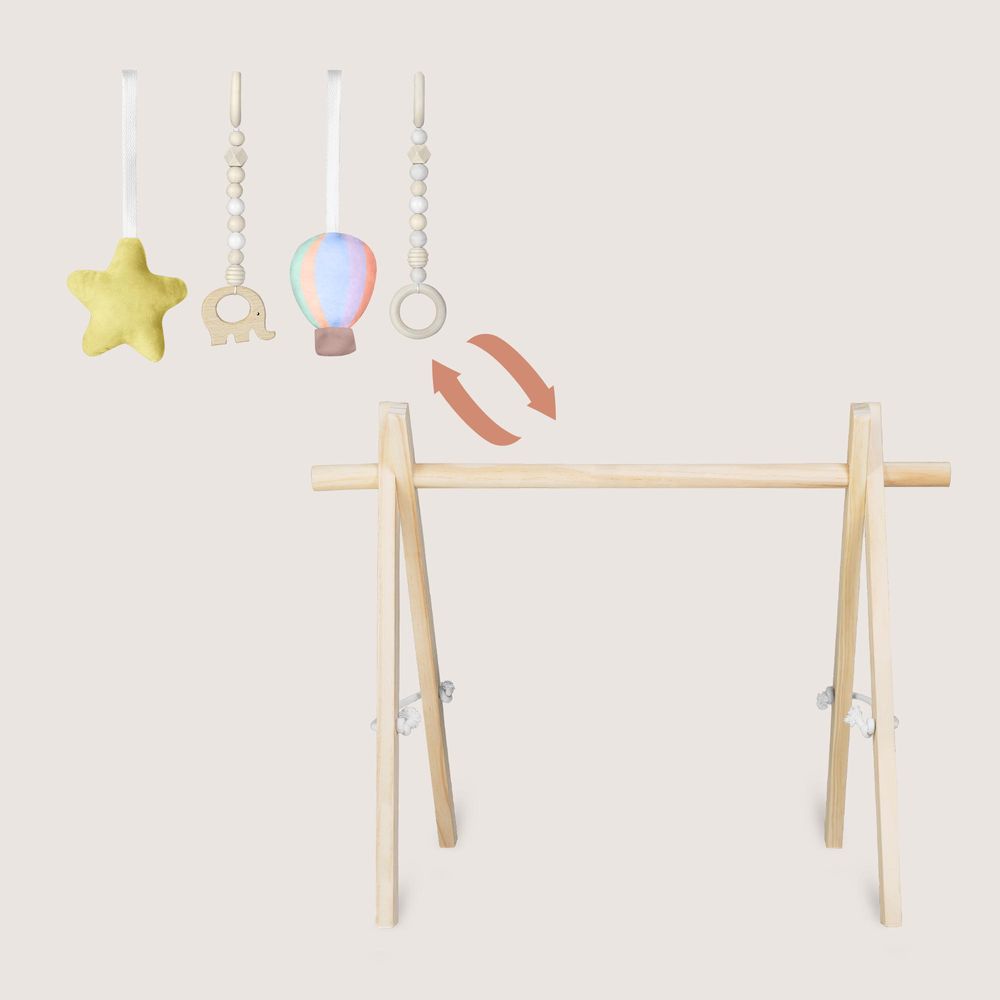Lionelo Anis Set Baby-Gym aus Holz mit Matte – klappbar, Montessori Spielbogen ab Geburt (0+), 4 Spielzeuge