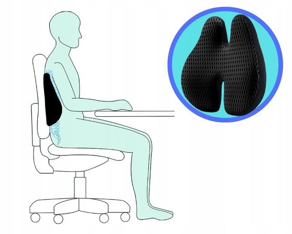 Bederní polštář z paměťové pěny na kancelářskou židli a do auta – Ortopedická opora zad – ČERNÁ