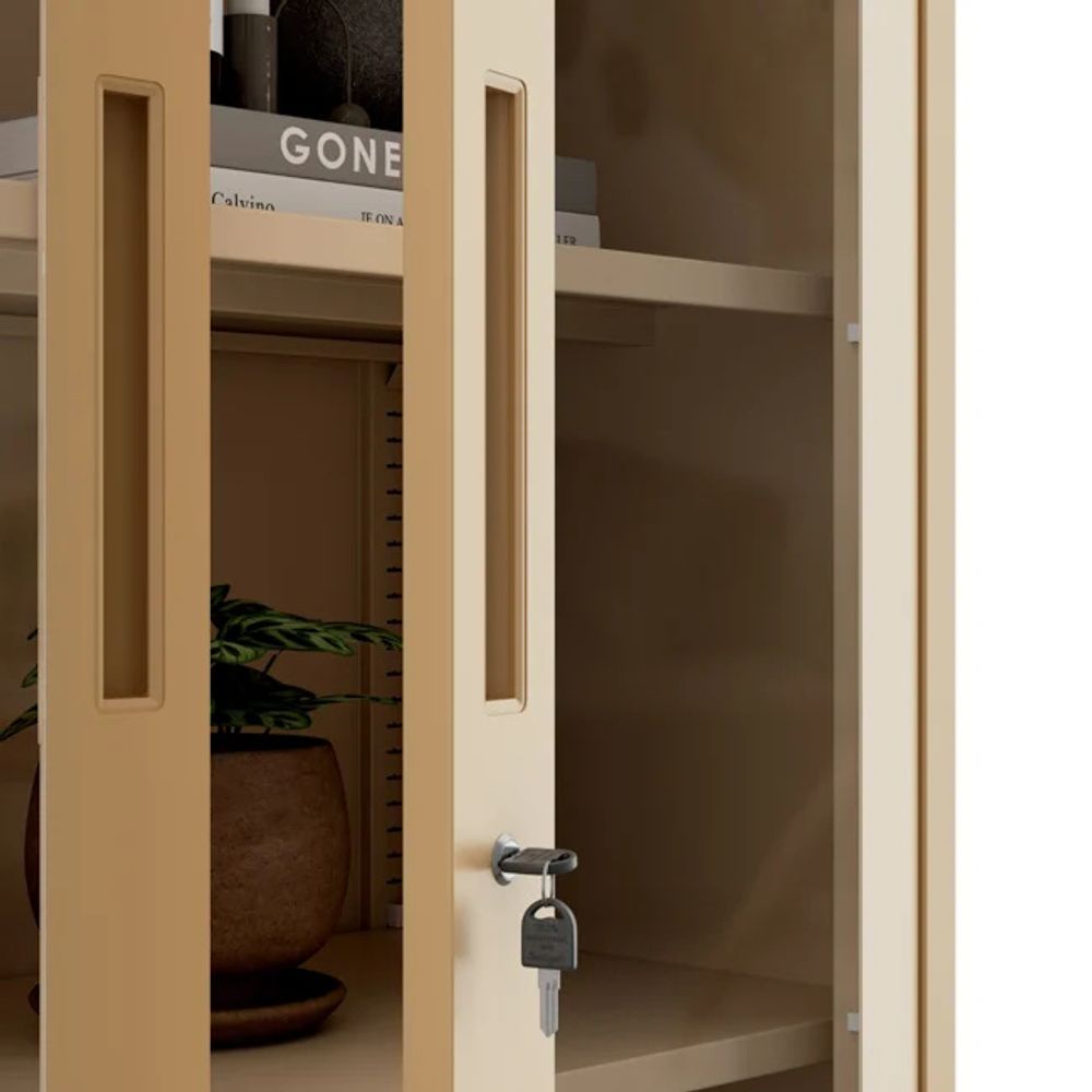 Jan Nowak Aktenschrank Medizinschrank Büroschrank Flügeltürschrank Glasvitrine 4 Fachböden Stahl Abschließbar 185 cm x 90 cm x 40 cm Farbe: Beige