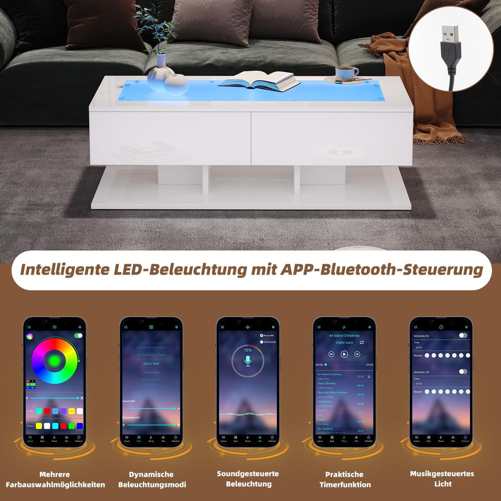 STILVORA Couchtisch mit 2 Schubladen,Wohnzimmertisch Hochglanz mit LED-Beleuchtung,Sofatisch Beistelltisch aus Spanplatte mit Glasplatte,Weiß