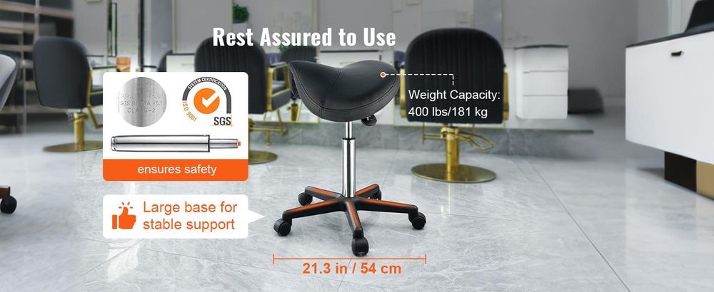 VEVOR Sattelhocker mit Rädern, 181 kg Gewichtskapazität, Ergonomischer Rollsattelhocker, Höhenverstellbar, Verdicktes Kunstleder, Drehsattelhocker, Stuhl für Salon, Spa, Klinik, Schwarz