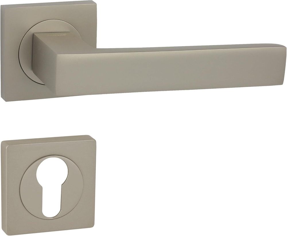 DOMINO Türgriff Drückergarnitur PZ - Profilzylinder Set | mit quadratischen PZ Rosetten| Türklinke für Zimmertür, Bürotür, Kellertür & Innentür| Türbeschläge aus Aluminium|  Satin Nickel Velvet Türdrückergarnitur| QUBIK-QR M91