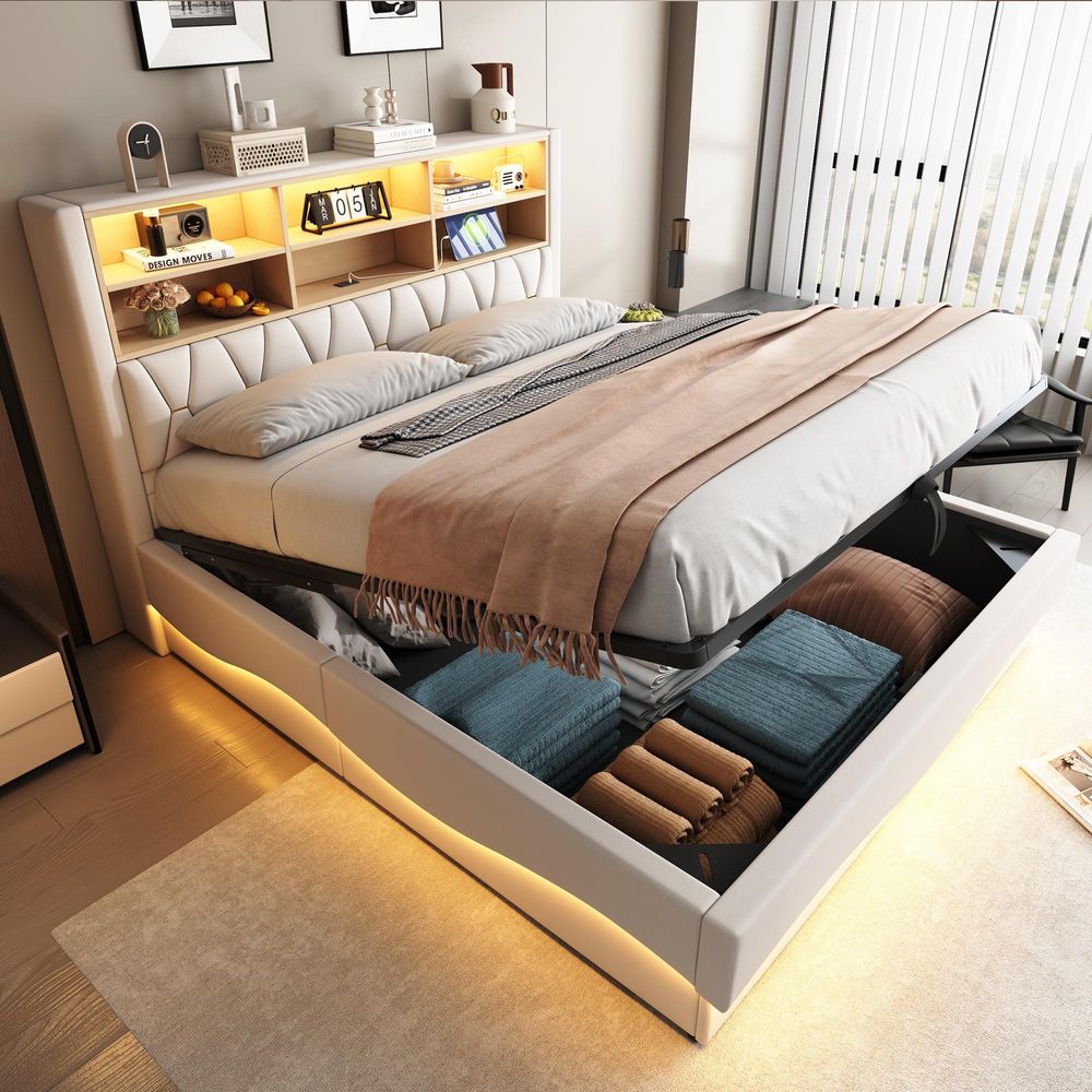 STILVORA 180x200 Polsterbett mit Nachttisch und USB Ladeschnittstellen,Jugendbett mit LED-Licht durch APP-Steuerung,Doppelbett mit Metall-Lattenrost,Leinen,Ohne Matratze,Beige