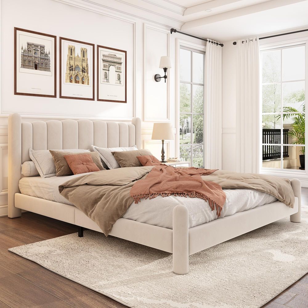STILVORA Polsterbett 180x200 Jugendbett mit Lattenrost&und Zylindrische Stützbeine,Doppelbett aus Samt mit gewelltem Kopfteil,Beige (Ohne Matratze)