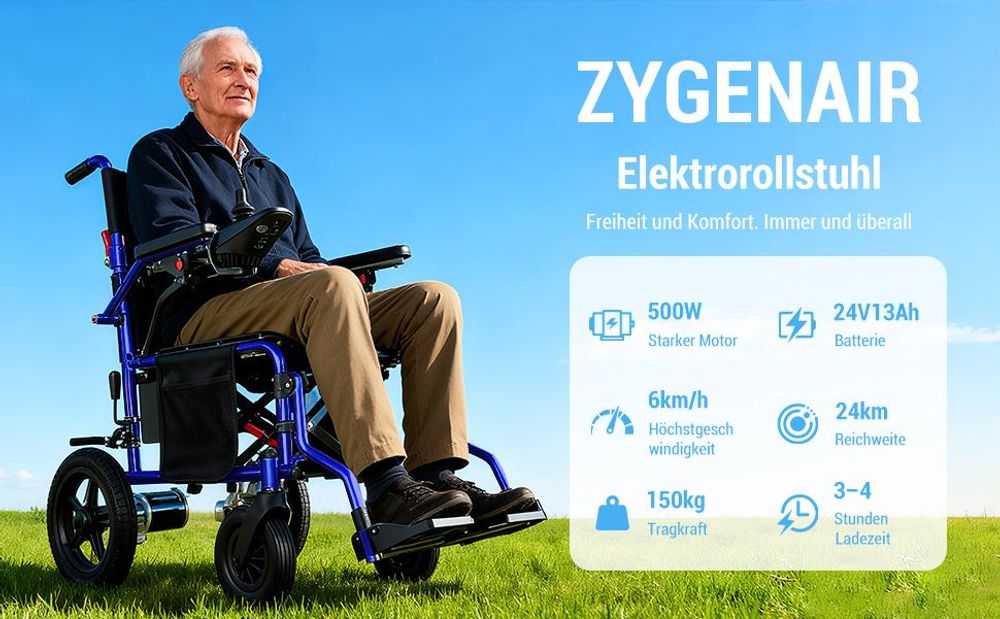 Elektrorollstuhl faltbar mit Joystick, Faltrollstuhl für Erwachsene, Armlehnen, Fußstützen, Sicherheitsgurt, bis 150 kg, Pflegealltag