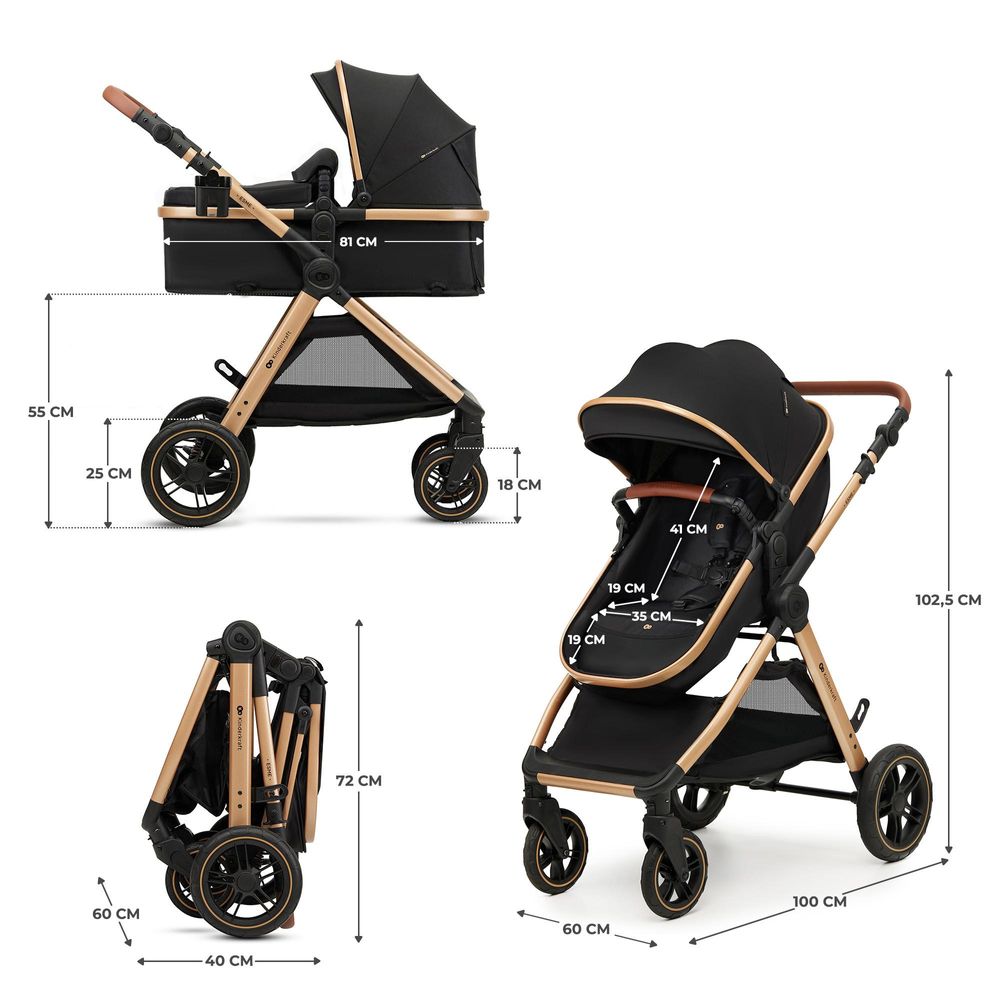 Kinderkraft ESME - multifunktionaler 3-in-1-Kinderwagen - bis 25 kg - Babywanne mit Belüftung - Travel System - große geländegängige Räder - Schwarz