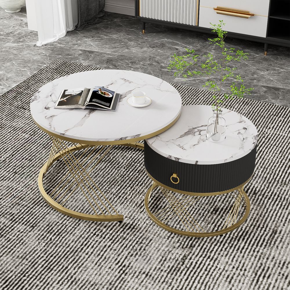 Merax Satztisch-Set 2-teilig mit Schublade, Couchtisch mit Tischplatte im Marmoroptik,  modernes Design Wohnzimmertisch mit Metallrahmen,  Weiß