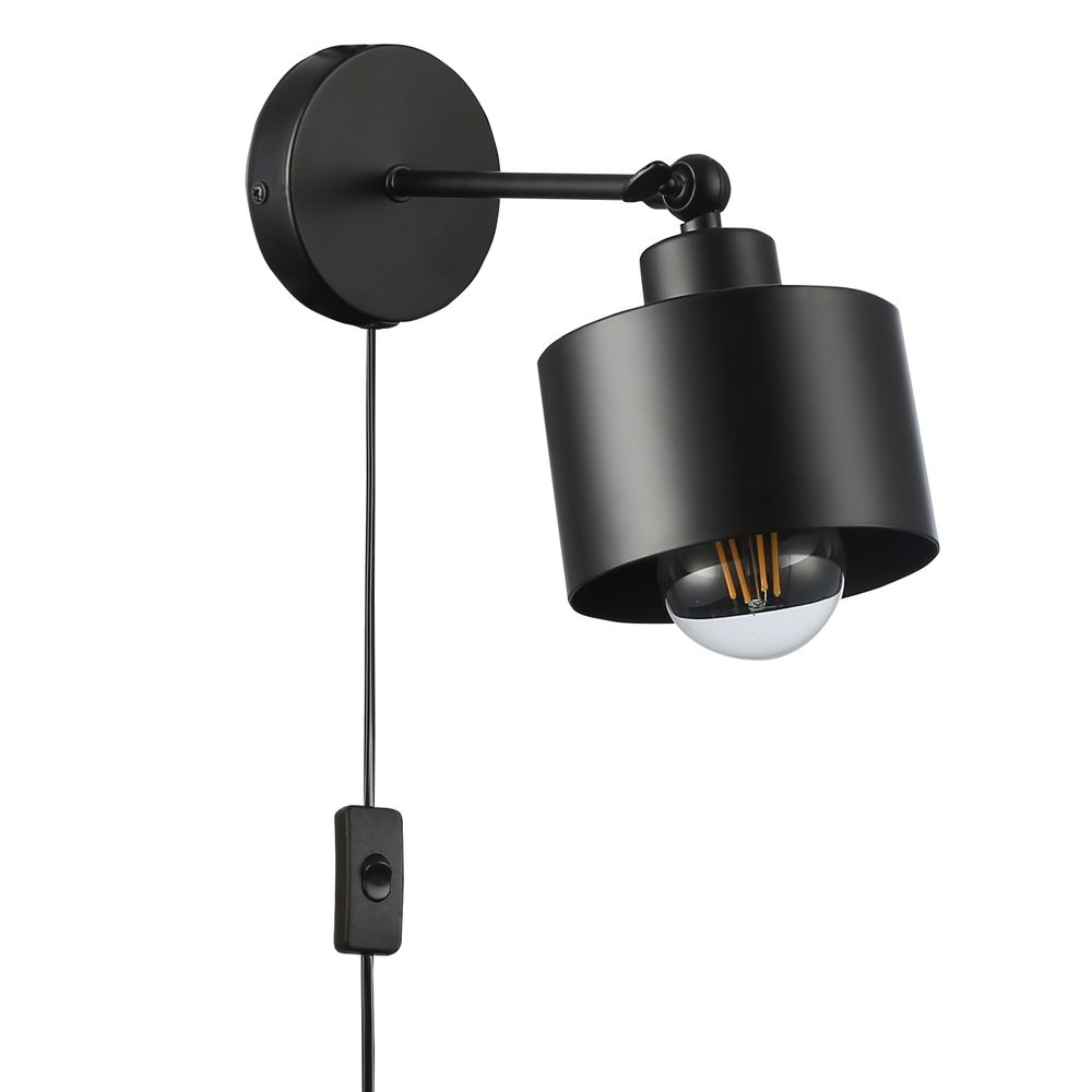 Schwarze Lampe mit E27-Glühbirne, kompatibel mit E27-LED-Leuchtmitteln, Nahaufnahme.