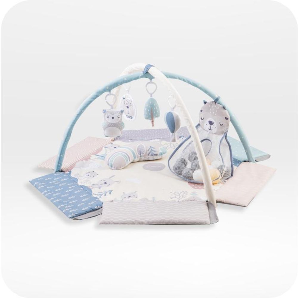 MoMi PASTEL – 2-in-1 Baby Spielmatte mit Bällebad & Sensorik-Spielzeug, fördert Sinne & Entwicklung, inkl. Kissen & Tasche – Pastellfarben