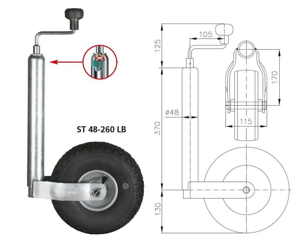 WINTERHOFF Stützrad 150 kg, 48 mm, Höhe 500-710 mm, Luftreifen 260x85 Stahlfelge, Rangierhilfe an der Deichsel, für Anhänger und Wohnwagen