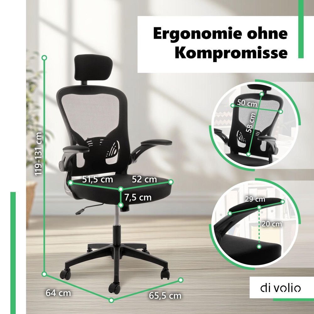 di volio Bürostuhl Praso, ergonomischer Schreibtischstuhl mit mehreren Einstelloptionen - Höhe, verstellbare Kopf- und Lordosenstütze, max. 150 kg