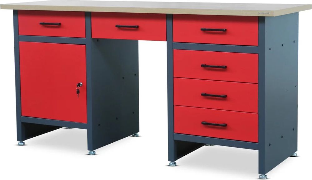 Werkbank mit Arbeitsplatte Werktisch mit 6 Schubladen Schließfach Verstellbare Füße MDF-Arbeitsplatte Belastbar bis 500 kg Metall 170 cm x 60 cm x 85 cm Farbe: Anthrazit-Rot