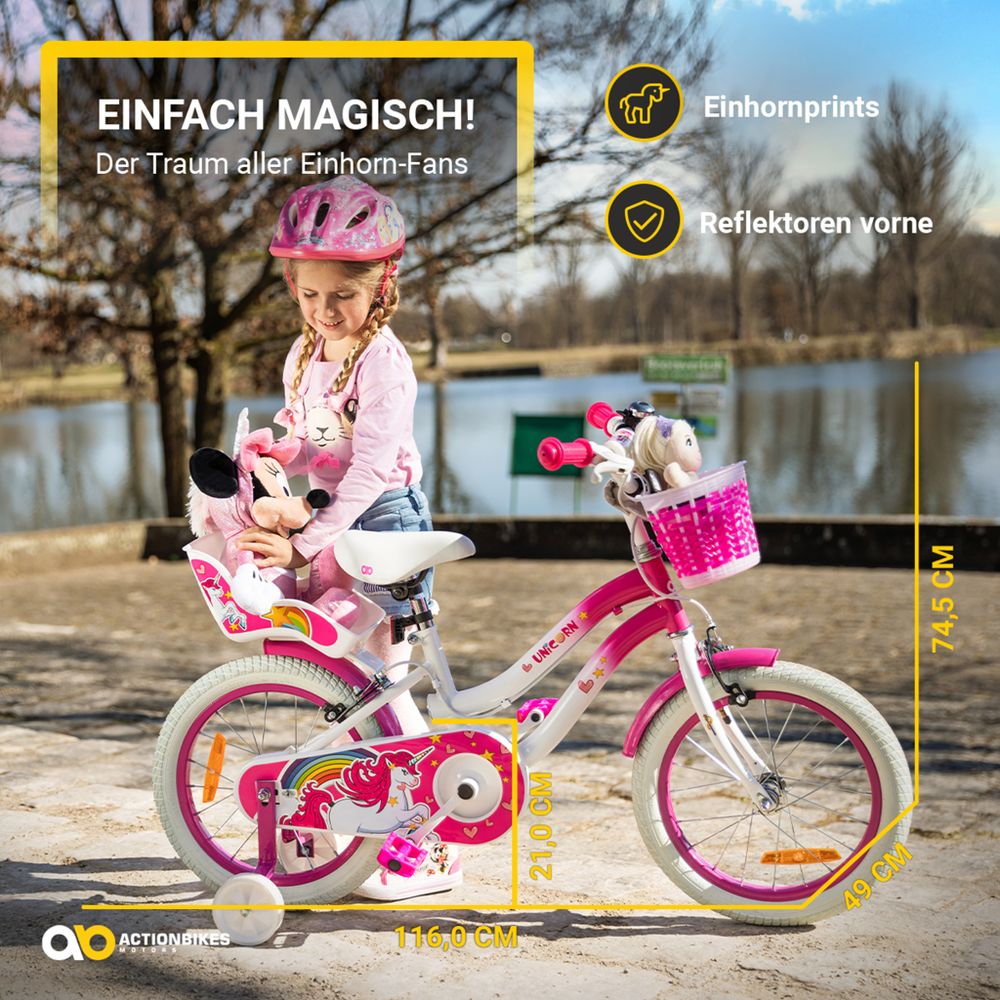 Actionbikes Kinderfahrrad Unicorn 16 Zoll | Kinder Fahrrad - V-Brake Bremsen - Kettenschutz - Fahrradständer - Antirutschgriffe - 6-9 Jahre (Pink)