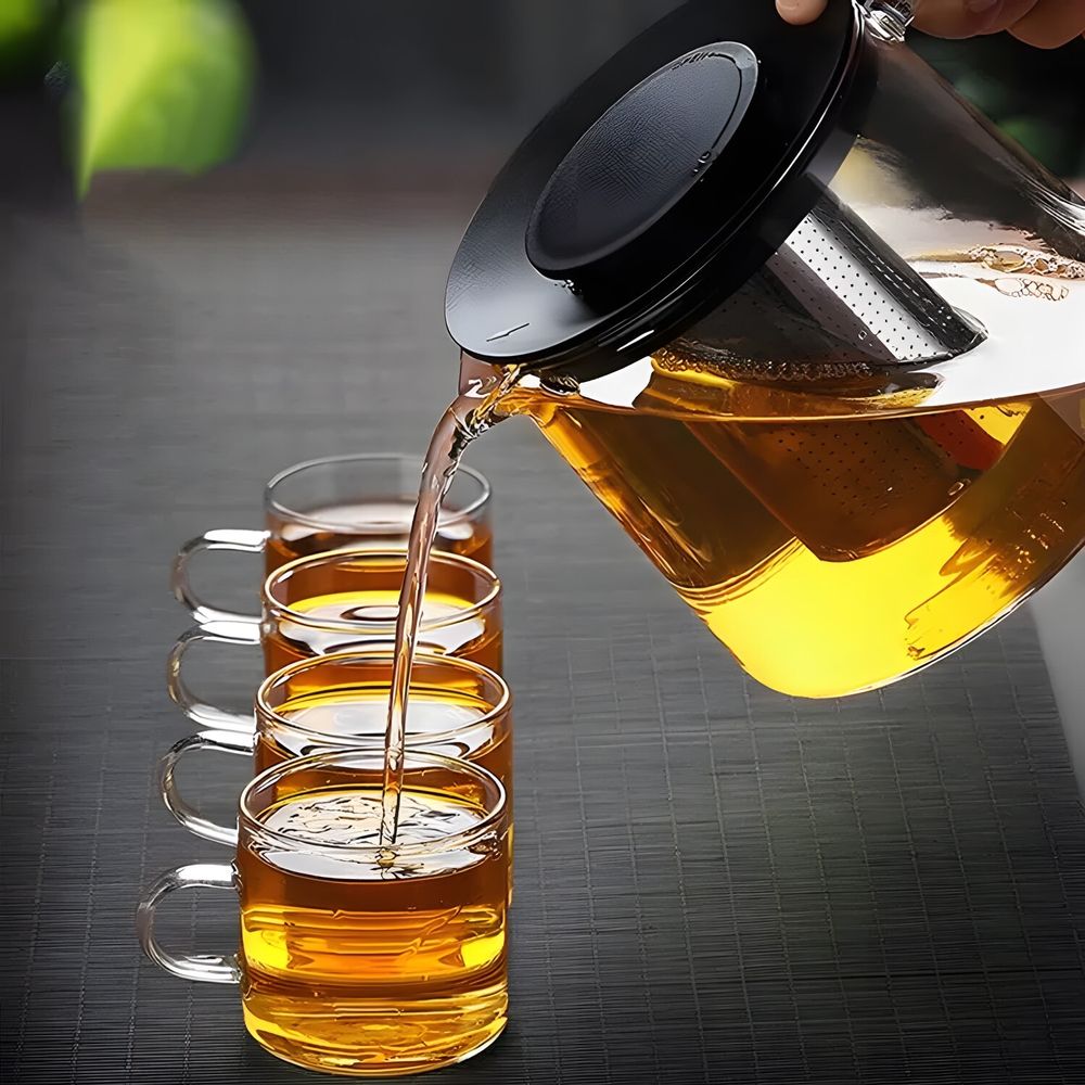 Glas Teekanne 1,50 l 1500 ml mit Edelstahlsieb Glaskanne Teebereiter Siebeinsatz Hitzebeständige Ergonomisch Tee Saft BPA-frei Schwarz Retoo