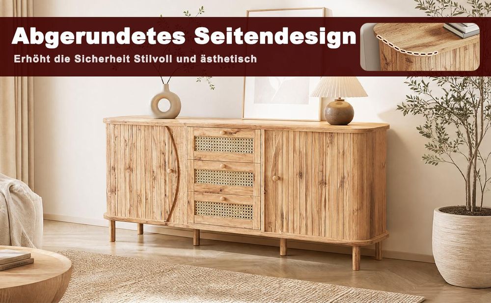 okwish Sideboard in Holzoptik mit Schiebetüren, Aufbewahrungsschrank mit verstellbaren Einlegeböden und abgerundeter Platte,Kommode mit Rattan