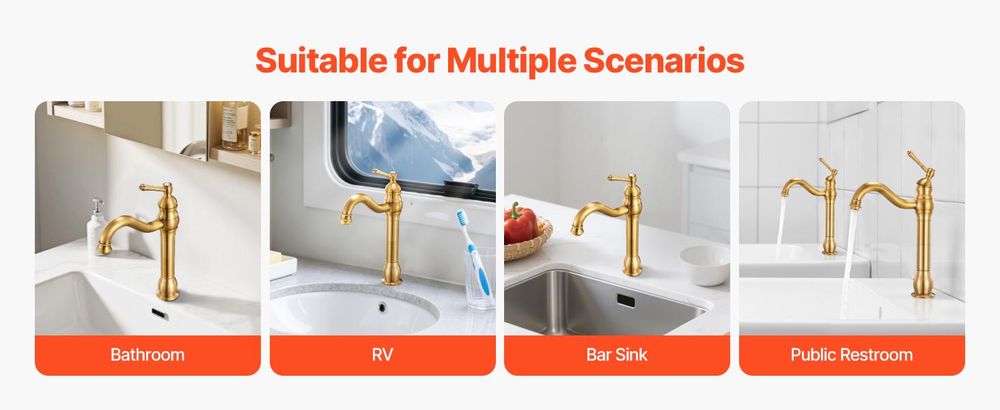 VEVOR Einhebel-Spültischarmatur, Massive Messing Einhebel-Küchenarmatur, 1 oder 3 Loch Küchenarmaturen mit Druckknopf-Abfluss, Geeignet für Badezimmer, Wohnmobil, Bar, öffentliche Toilette, Rückflussverhinderungsdesign, Gefäß