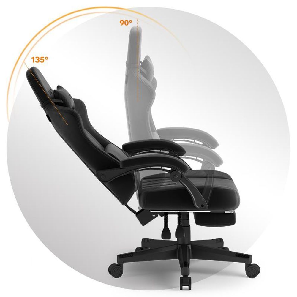 SENSE7 Devon Gaming Stuhl Stoff Schwarz - Ergonomischer Bürostuhl mit Fußstütze PC Schreibtischstuhl Zockerstuhl Alcantara 120 kg