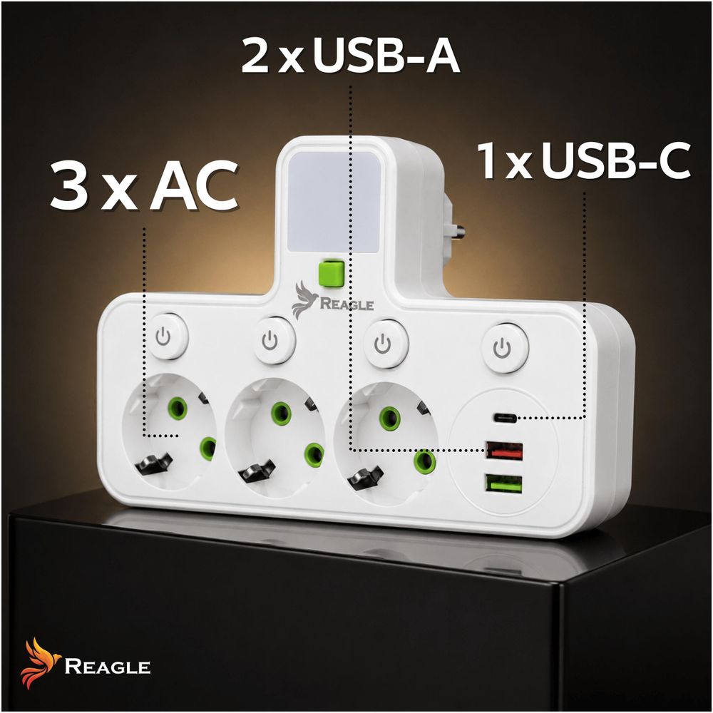 Verlängerungskabel, Steckdosenleiste, Verteiler Mit 3 Steckdosen (230 V) Und 3X Usb-Anschlüssen, Led-Lampe Reagle