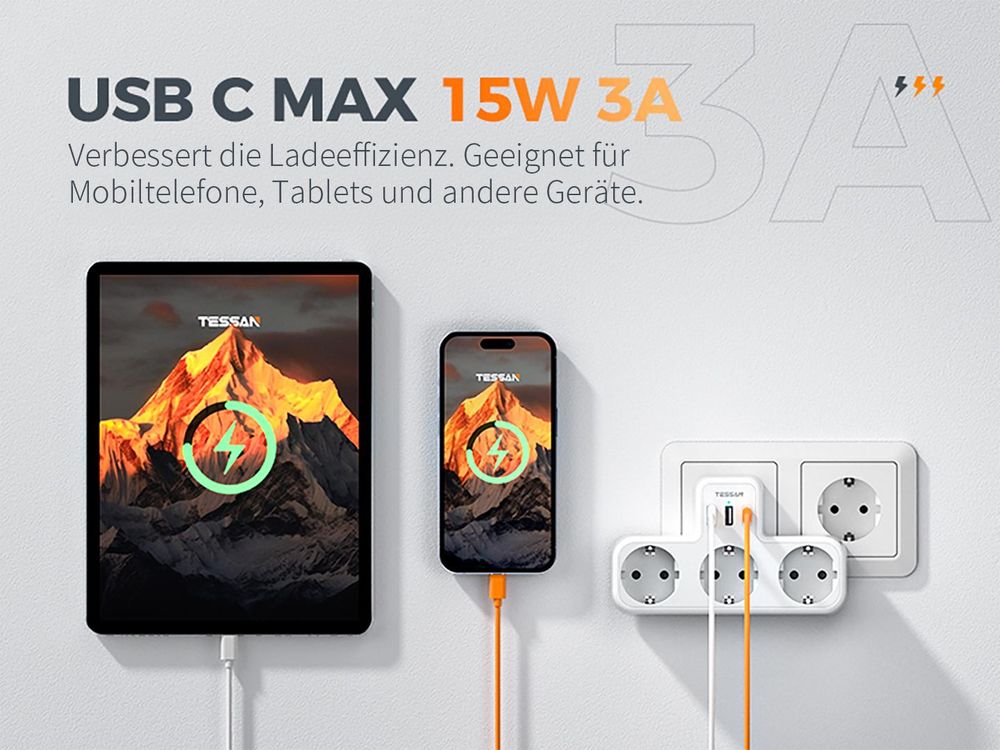 TESSAN Mehrfachstecker 3 Fach Steckdosenadapter mit 2 USB A 1 USB C Mehrfachsteckdose Weiß