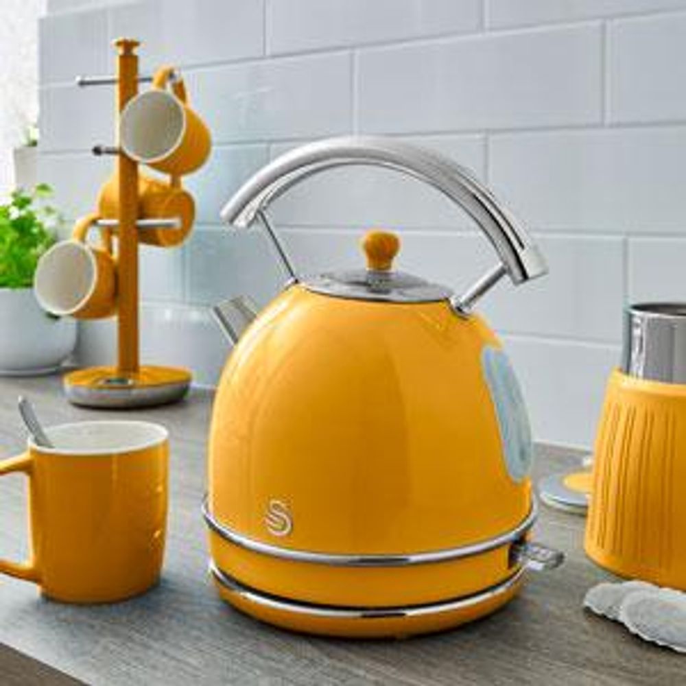 SWAN SK14630YELNEU Retro Elektrisch Wasserkocher 1,8L Vintage Abschaltautomatik Kabellos, Edelstahl Gelb