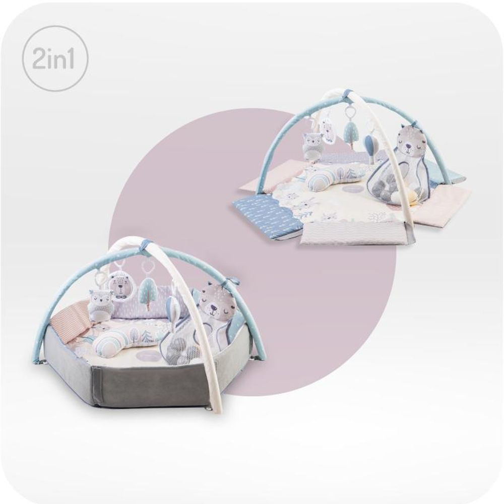 MoMi PASTEL – 2-in-1 Baby Spielmatte mit Bällebad & Sensorik-Spielzeug, fördert Sinne & Entwicklung, inkl. Kissen & Tasche – Pastellfarben
