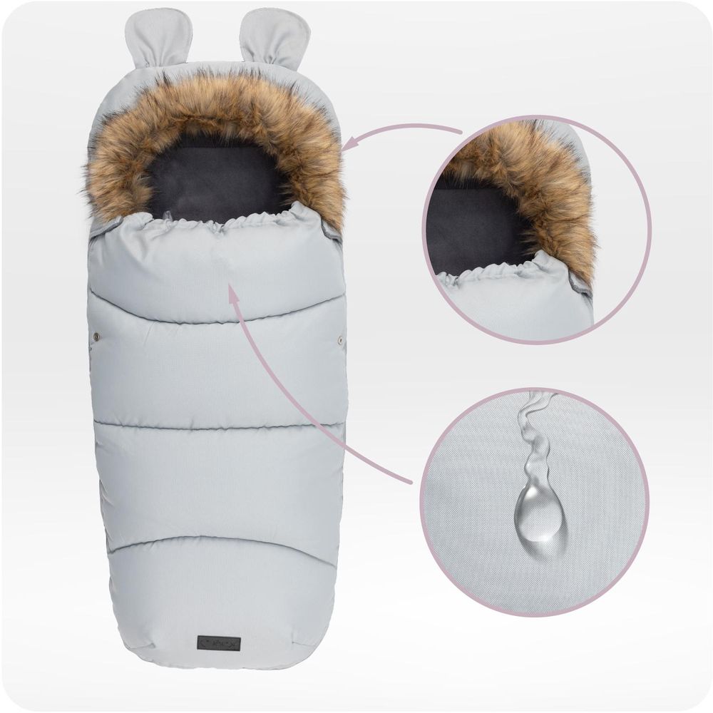 MoMi COZY – Universal-Fußsack für Kinderwagen, Fleece-Innenfutter, beidseitiger Reißverschluss & Kapuze mit Ohren – Grau
