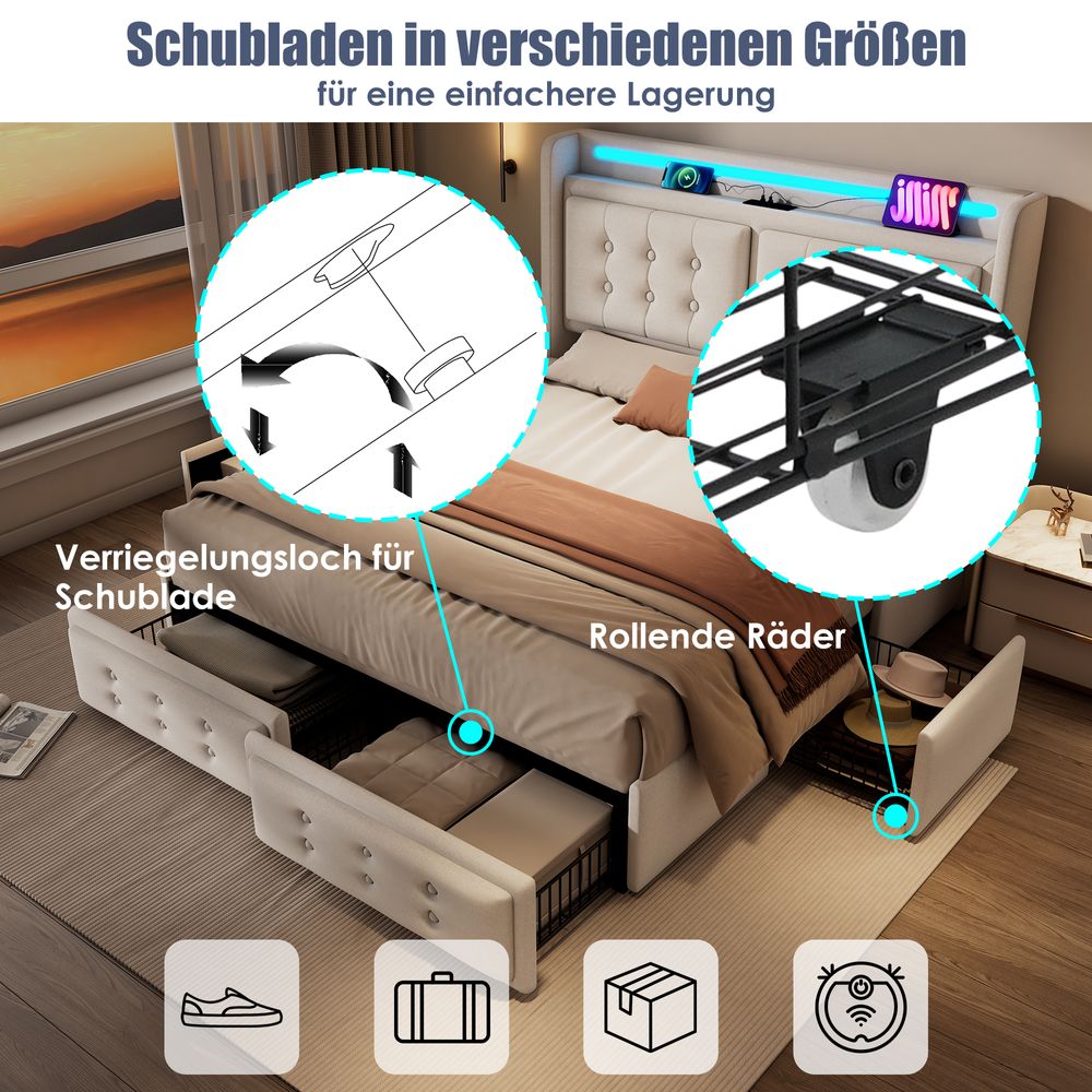Flieks Polsterbett 140x200cm mit 4 Schubladen, Stauraumbett Doppelbett mit Ladefunktion, Jugendbett Holzbett mit LED, Funktionsbett Baumwolle, Beige