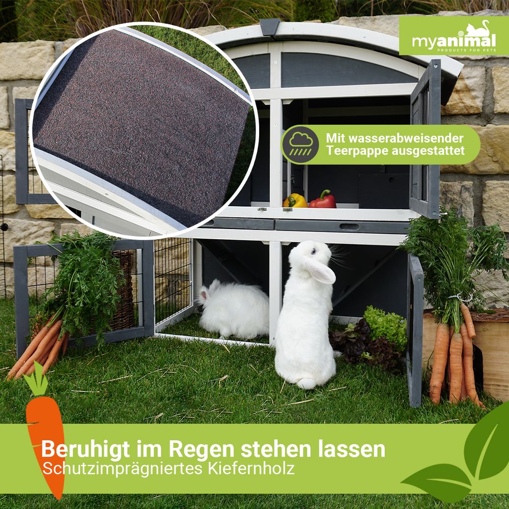 MyAnimal Hasenstall MH-33 | Hasenkäfig XXL Zweistöckig - Kaninchenstall - 4 Türen - Kleintierstall -Kaninchen - Hasen - Dach zum Öffnen (Grau/Weiß)