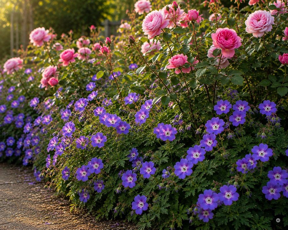 Geranium Rozanne wächst über Mauerkante am Gartenweg