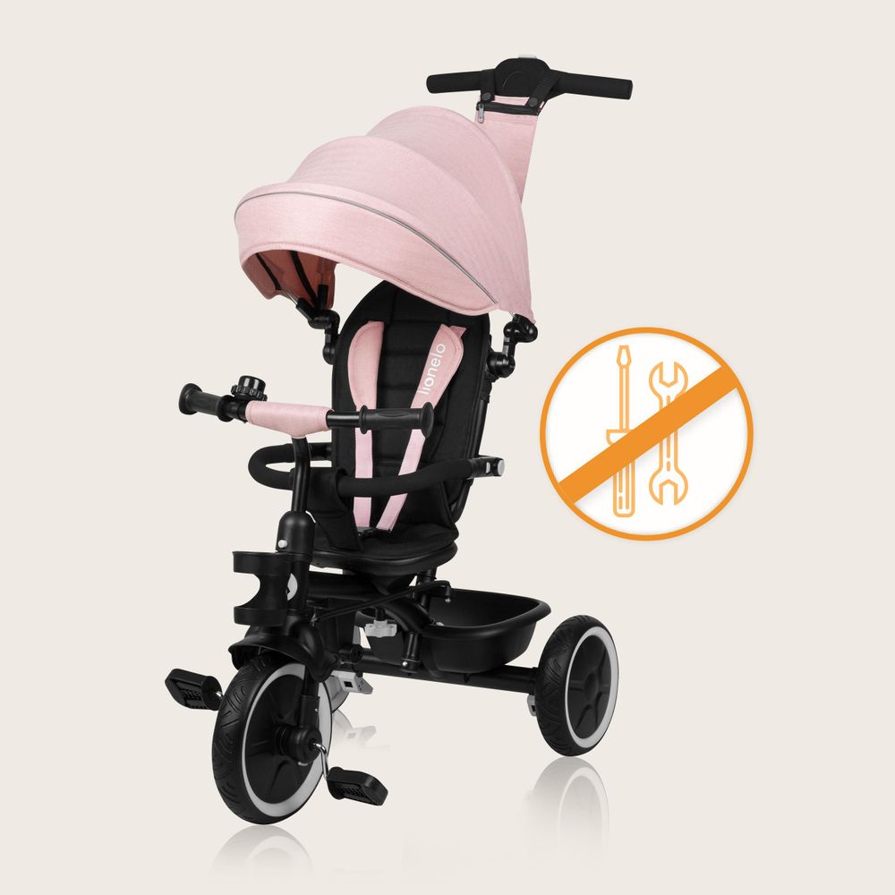 Multifunktionales Dreirad und Kinderwagen Lionelo Berry von 9 Monaten bis 5 Jahren bis zu 25 kg Große PolyurethanRäder, Dreirad-Drehsitz 360° Rosa