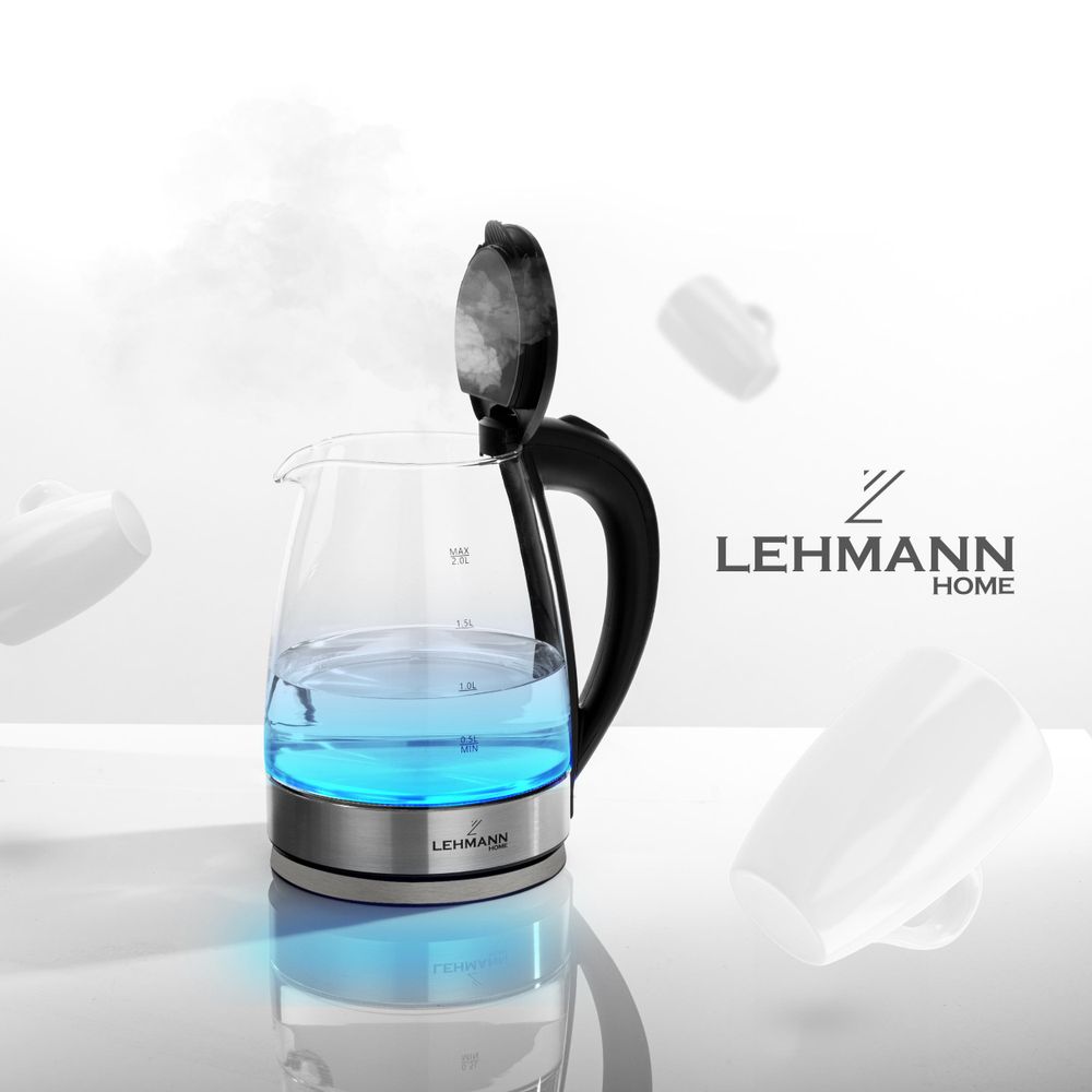 LEHMANN Bouilloire Électrique en Verre et Acier Inoxydable 2L, 2200W Chauffage Rapide, sans BPA