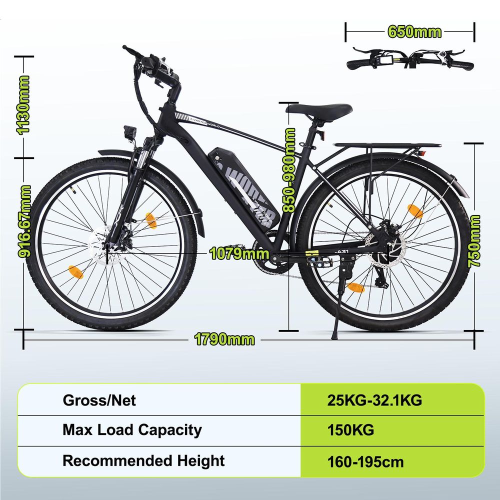 AVDL A31 Elektrische Stadsfiets 27,5″ – 250W, 460Wh Uitneembare Accu, 800 Lumen Koplamp, Max. draagvermogen: 150 kg, Tot 60 km Actieradius