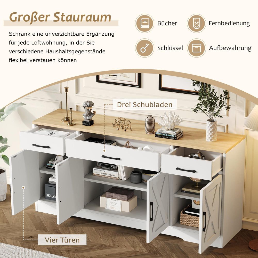 STILVORA Sideboard mit Stauraum,Multifunktionsschrank Buffetschrank  landhausstil mit 3 Schubladen,Kommode für Küche, Esszimmer, Wohnzimmer