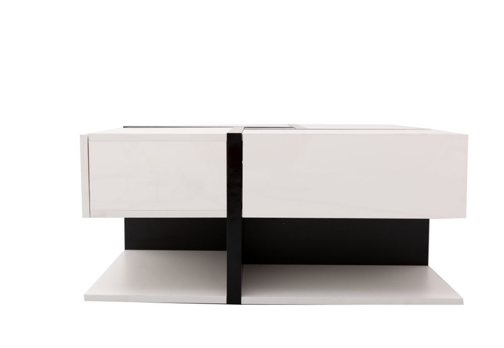 okwish 78*78*36cm Hochglanz-Couchtisch Beistelltisch mit 4 Schubladen，Stauraum unten， einzigartige Farbabstimmung und Liniendesign（ Weiß）