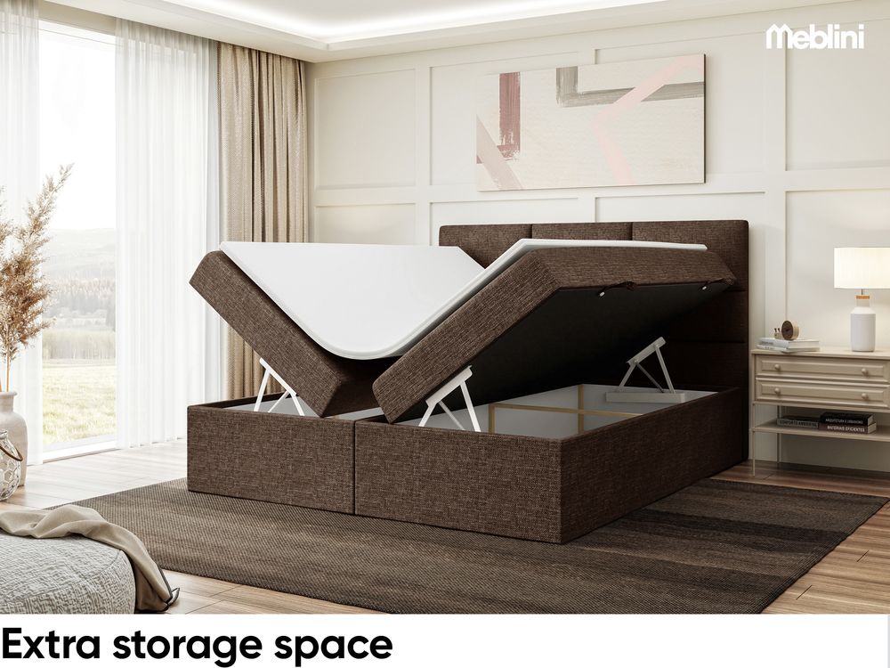 MEBLINI Boxspringbett mit Bettkasten - Gepolstert Doppelbett mit Matratze und Topper - Polsterbett mit Stauraum - Bett mit Kopfteil - Stauraumbett - KYLIAN - 180x200 - H3/Braun Webstoff