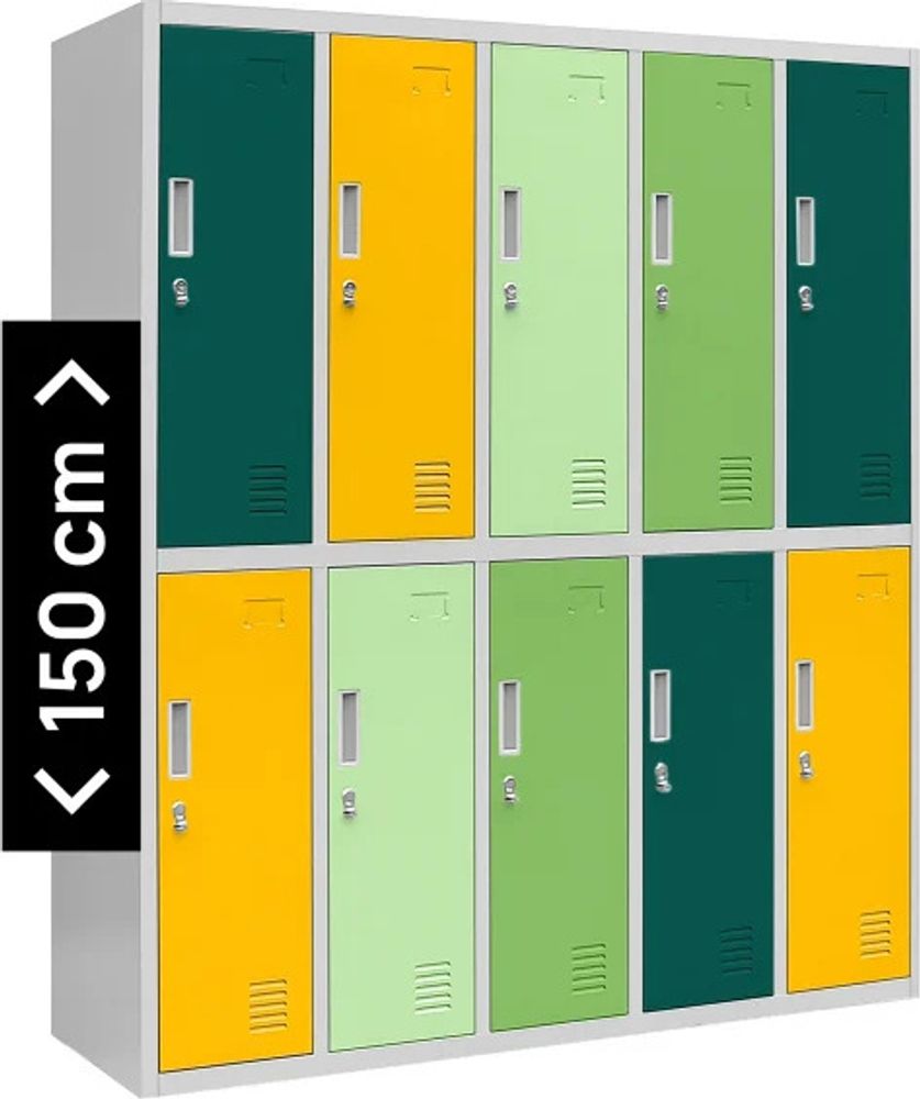 Schließfachschrank 5B2AS Umkleideschrank Wertfachschrank Umkleideschrank mit 10 Fächern Stahlblechkonstruktion Pulverbeschichtet 150 cm x 136 cm x 45 cm (H x B x T) Farbe: Mehrfarbig