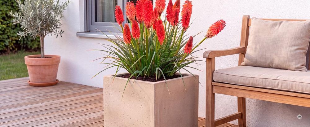 Kniphofia 'Redhot Popsicle' im Kübel auf der Terrasse