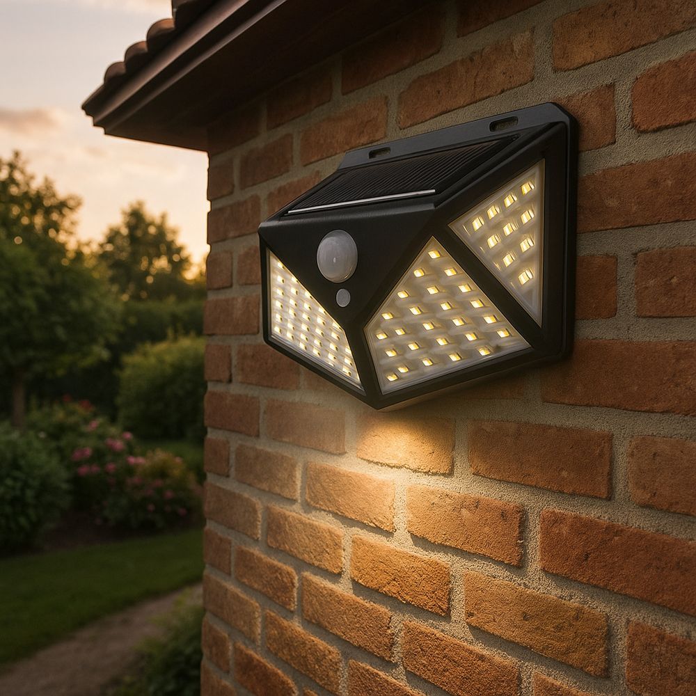 Solarleuchte, energieeffizient, schwarze Lampe an grauer Wand.