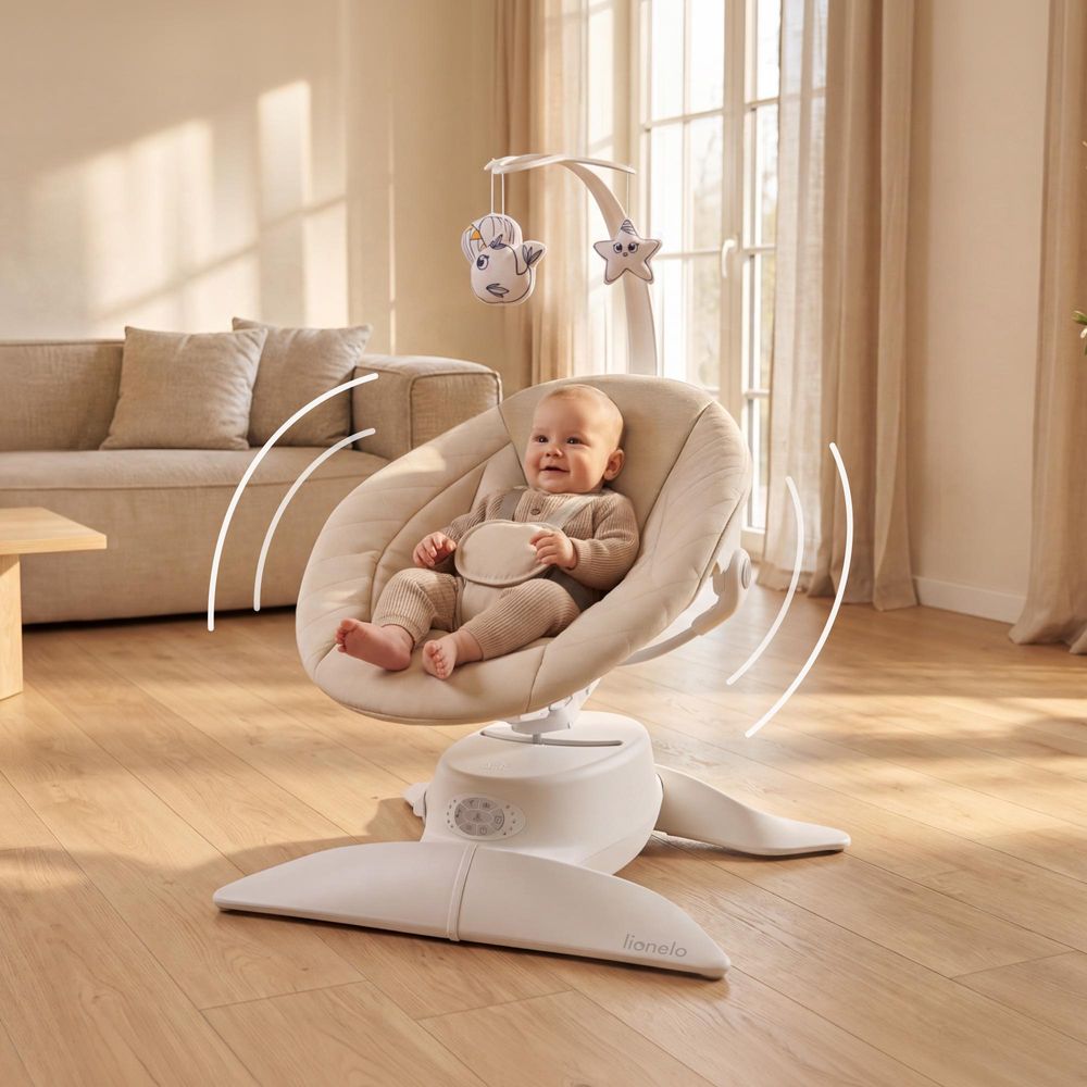 Lionelo Vivi Set: Dondolo elettrico per bambini con vaschetta, funzione culla, Bluetooth, sensore di movimento, telecomando, adatto da 0 a 9 kg