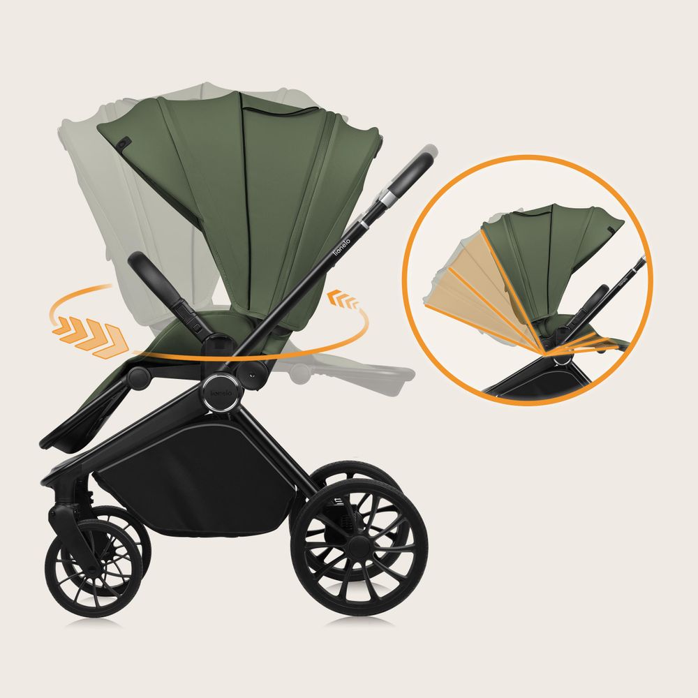 Lionelo Mika Plus Universal-Buggy bis zu 22kg Hohe Manövrierfähigkeit XXL-Verdeck mit UPF50+ Grüne Olive