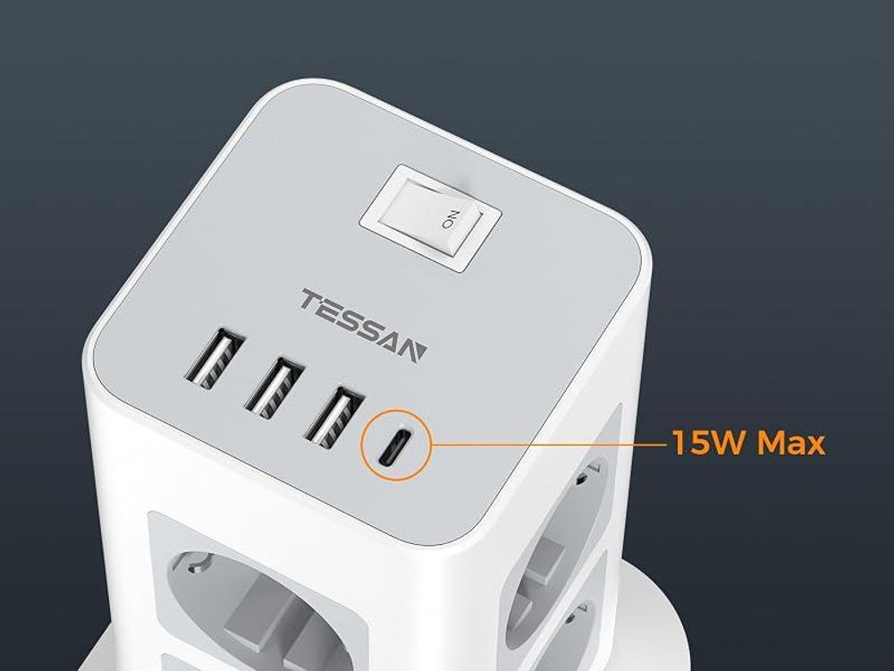 TESSAN 8 Fach Mehrfachsteckdose mit 1 USB C und 3 USB A Verlängerungskabel 2M Überspannungsschutz 3600W