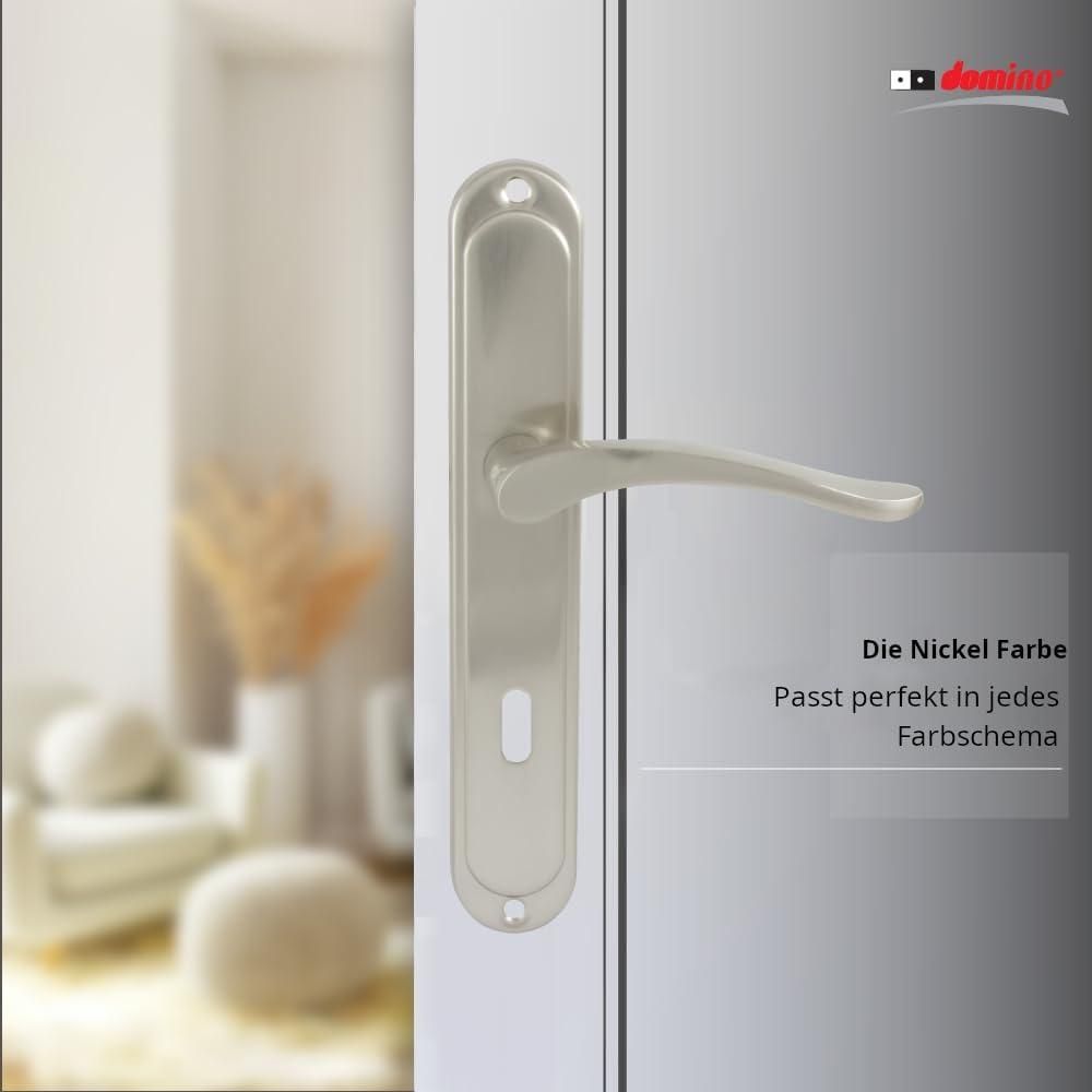 DOMINO Türgriff 72 Drückergarnitur BB-Buntbart Set | Langschildgarnitur | Türklinke für Zimmertür, Bürotür, Kellertür & Innentür | L-Form | Türbeschläge aus Aluminiuml | Nickel Türdrückergarnitur | BALLEN M9