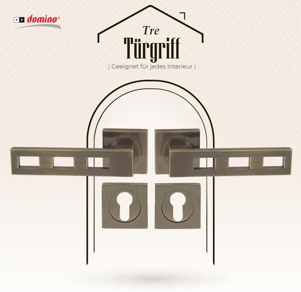 DOMINO Türgriff Drückergarnitur PZ - Profilzylinder Set | Vierkant-Rosette | Türklinke für Zimmertür, Bürotür, Kellertür & Innentür | Türbeschläge aus Aluminium | Bronze Türdrückergarnitur | TRE-QR M3