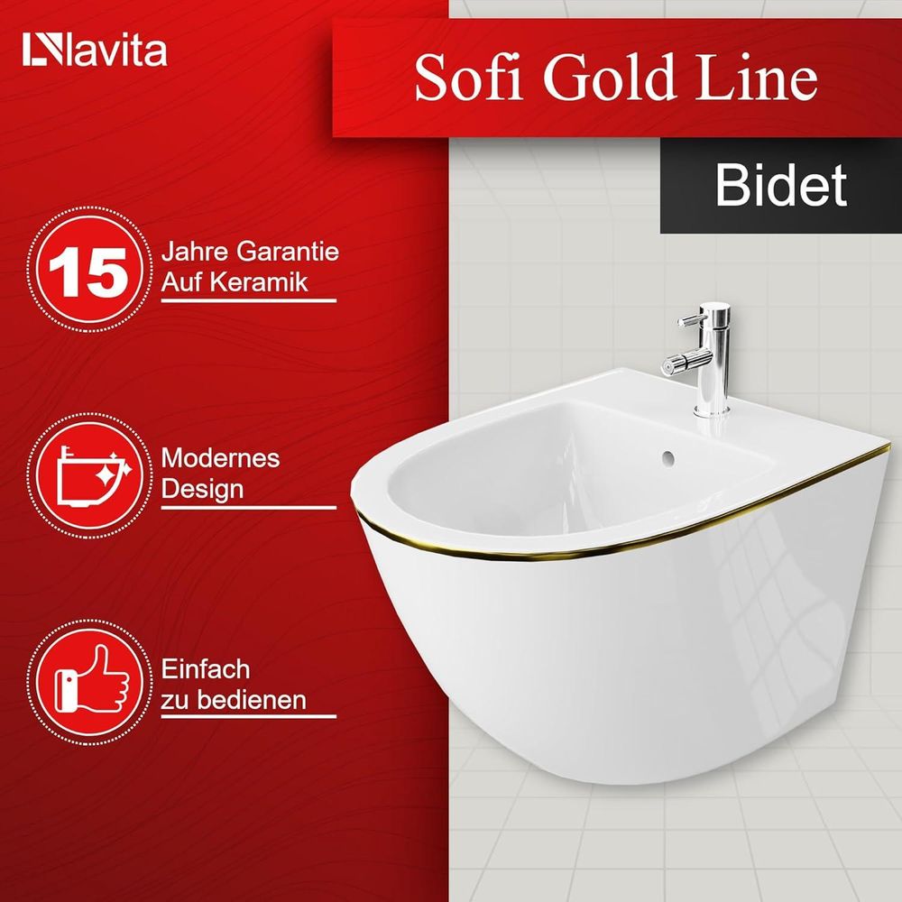 LAVITA Universal Wand-Bidet Sofi Gold Line mit Hahnloch und Überlaufschutz aus Keramik | Sitzwaschbecken zur Montage an der Wand | Hygienisch und Pflegeleicht | 36,5x49x32,5 cm |