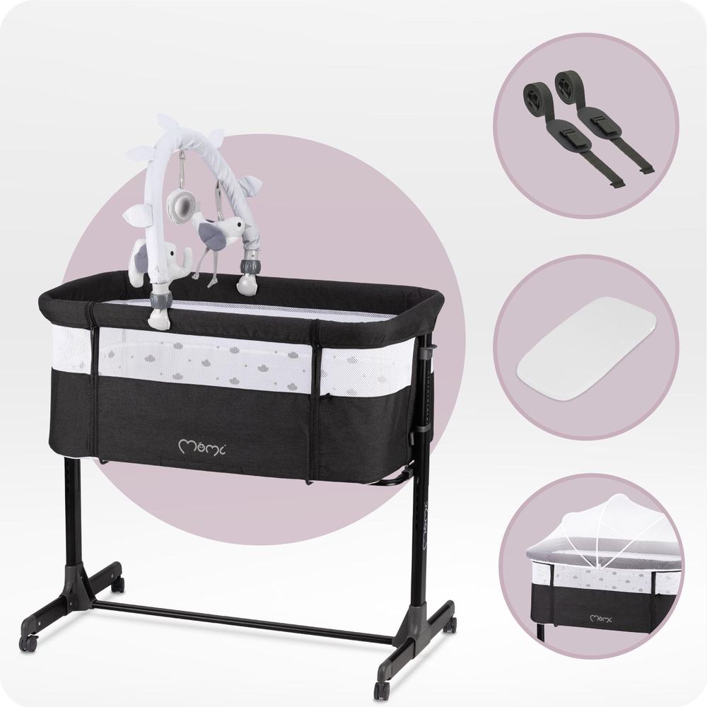 MoMi REVO 2in1 Babybett - 6 Höhenstufen, Einfach und Stabilmit, Matratze, Moskitonetz & Spielzeugbar - Dunkelgrau
