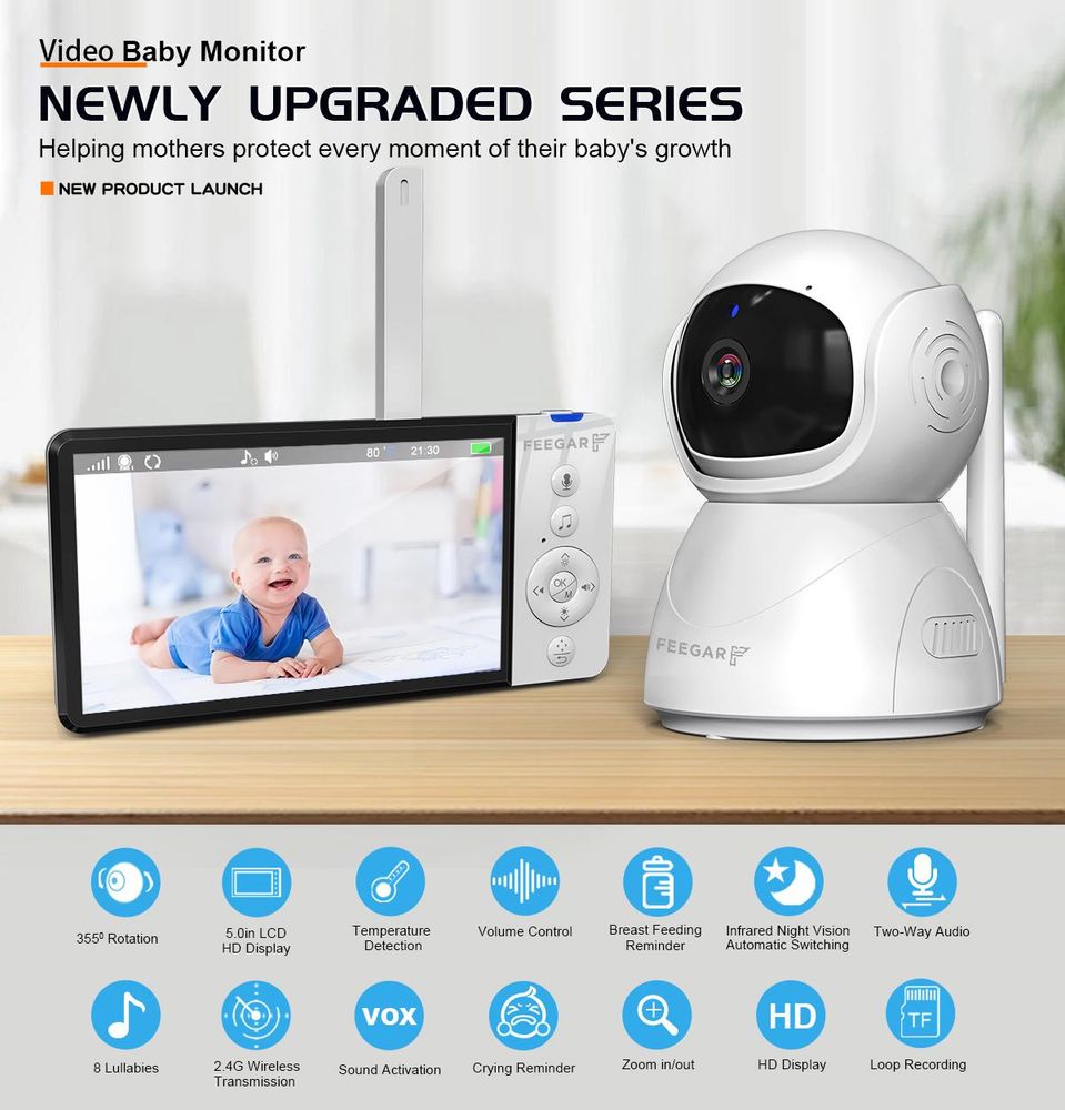 Feegar Babyphone mit Kamera Baby Monitor 5-Zoll 720P HD Display 2,4 GHz PTZ 355°/120° Baby Monitor mit Ferngesteuerter Kamera 2X Zoom VOX Modus