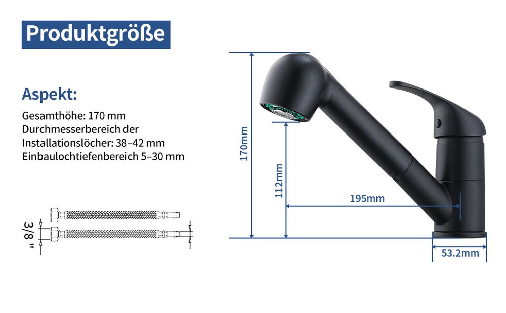 Homelody Schwarz Wasserhahn Küche,  Küchenarmaturen mit 2 Strahlarten Armatur mit Ausziehbarer Brause,  Mischbatterie Küche für Dual-Spülbecken