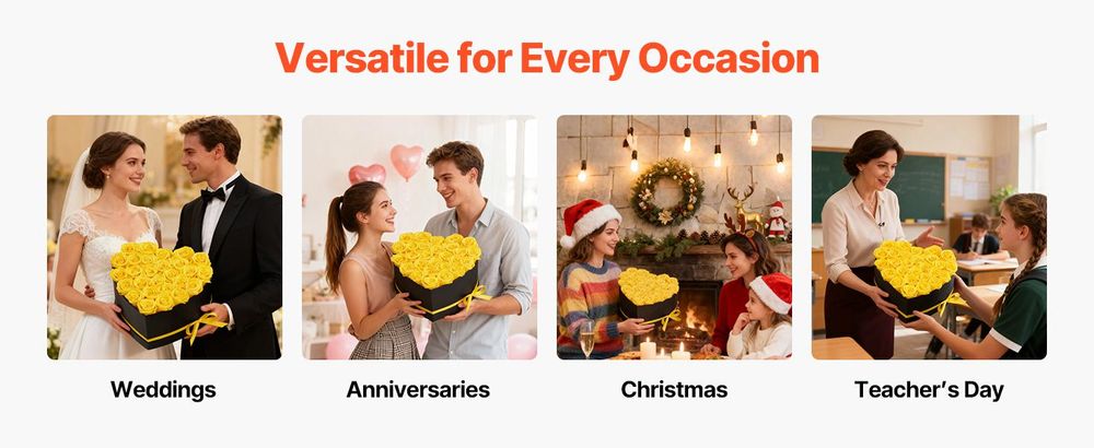 VEVOR Ewige Blumen, 100 konservierte Rosen in einer herzförmigen Box, ewige Blumen unsterblicher Strauß Geburtstagsgeschenk für Frauen, Ehefrauen, Mütter, Jubiläum, Valentinstag, Weihnachten, Rot, Herz-e, Gelb