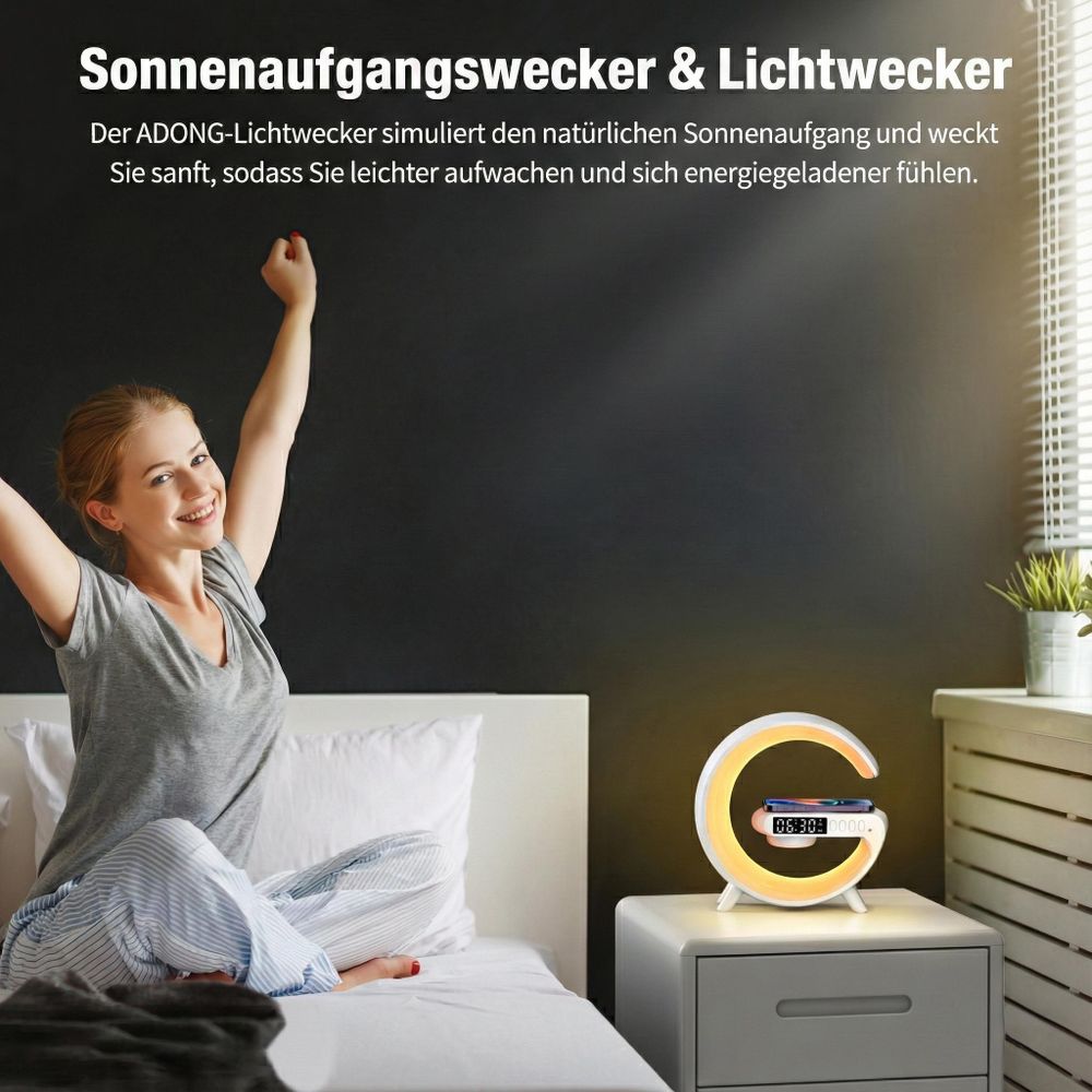 Frau wacht mit G-Lampe auf Nachttisch auf, sanftes Licht simuliert Sonnenaufgang, Morgenstimmung