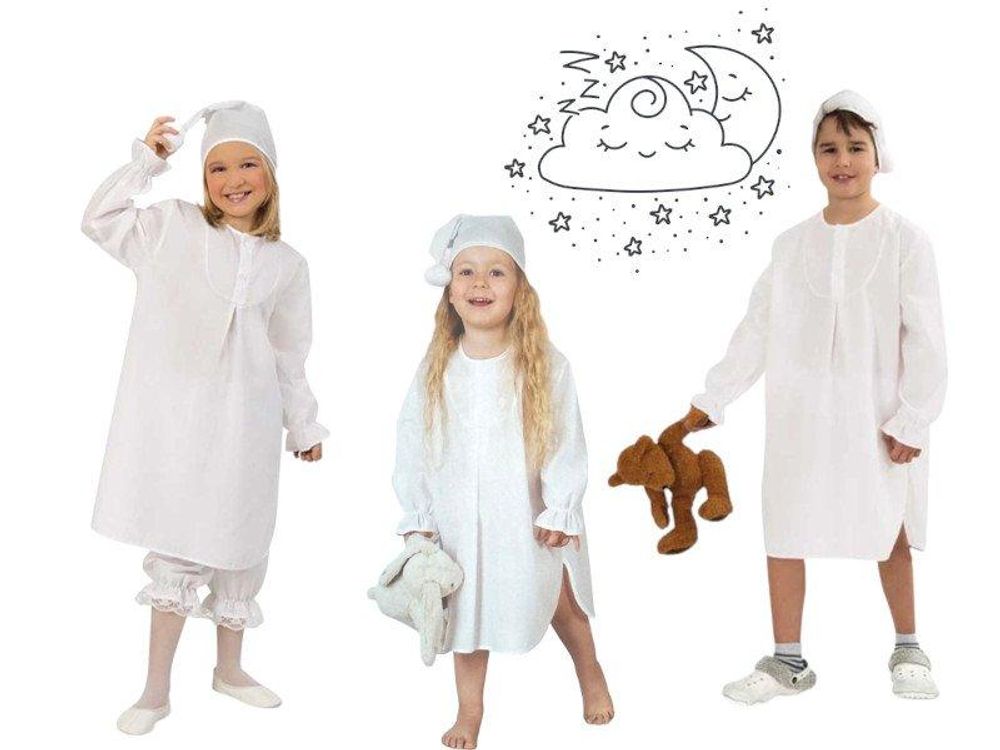 Kinder-Kostüm Nachthemd, langes Schlafhemd weiß mit passender Mütze (128/140)